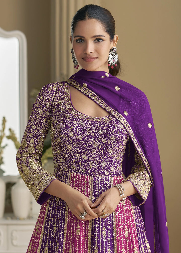Shades of Purple Georgette Swarovski Embellished Anarkali Gown