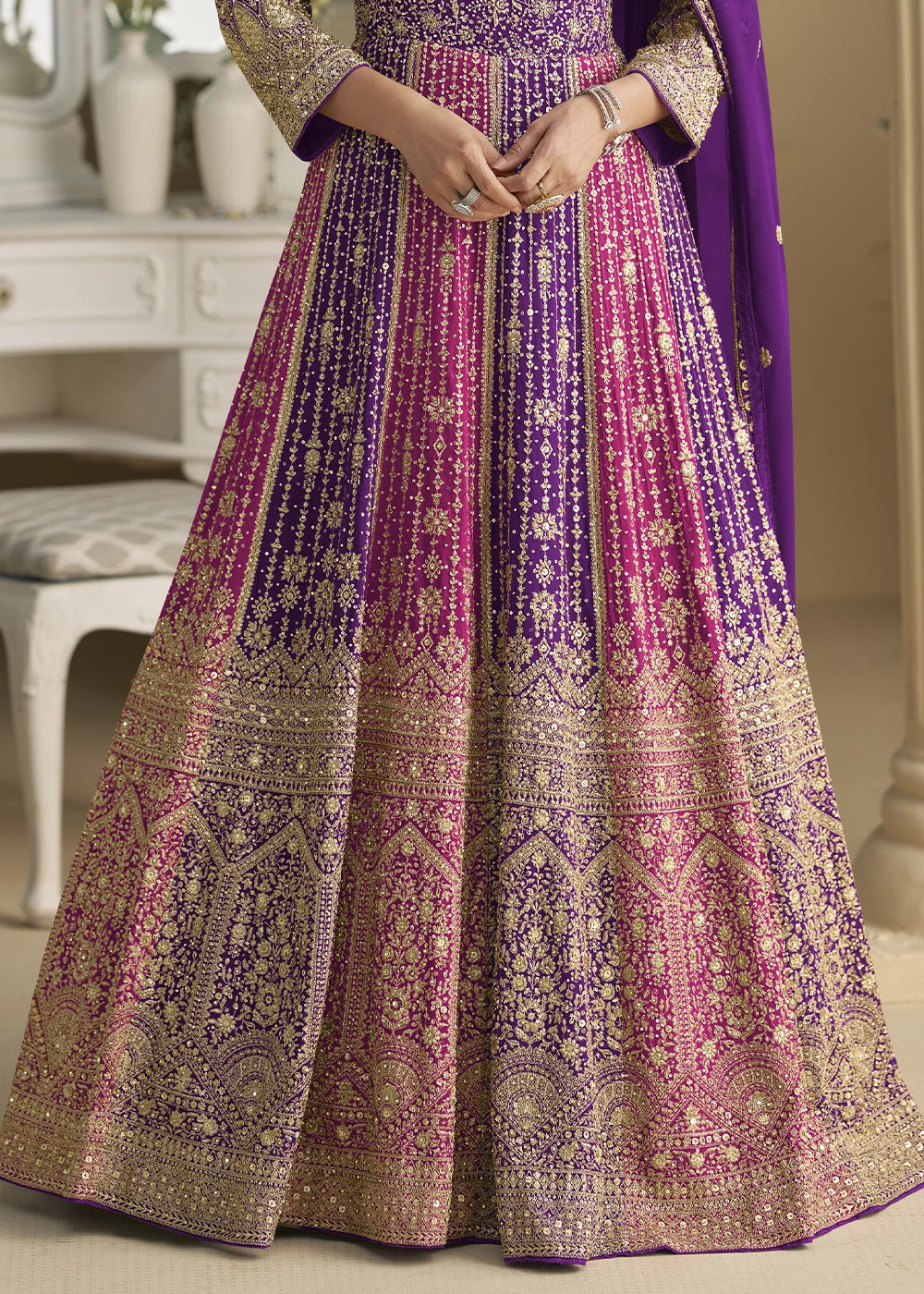 Shades of Purple Georgette Swarovski Embellished Anarkali Gown