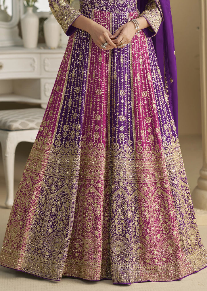 Shades of Purple Georgette Swarovski Embellished Anarkali Gown