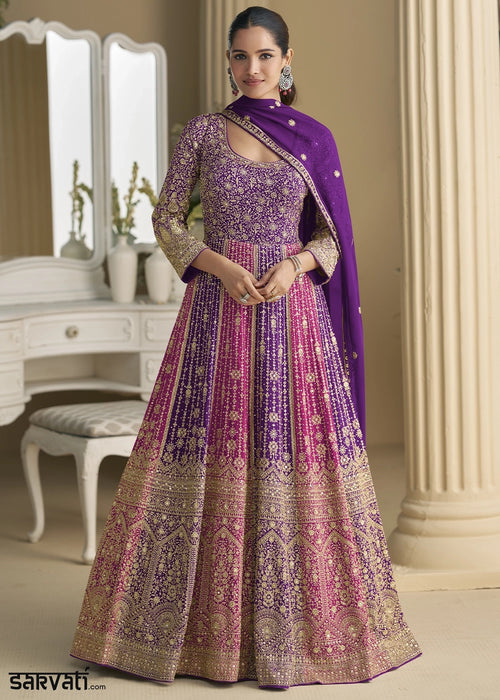 Shades of Purple Georgette Swarovski Embellished Anarkali Gown