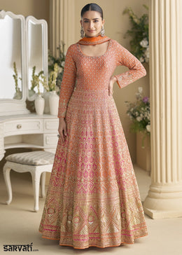 Orange & Pink Georgette Swarovski Embellished Anarkali Gown