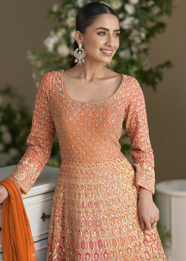 Orange & Pink Georgette Swarovski Embellished Anarkali Gown