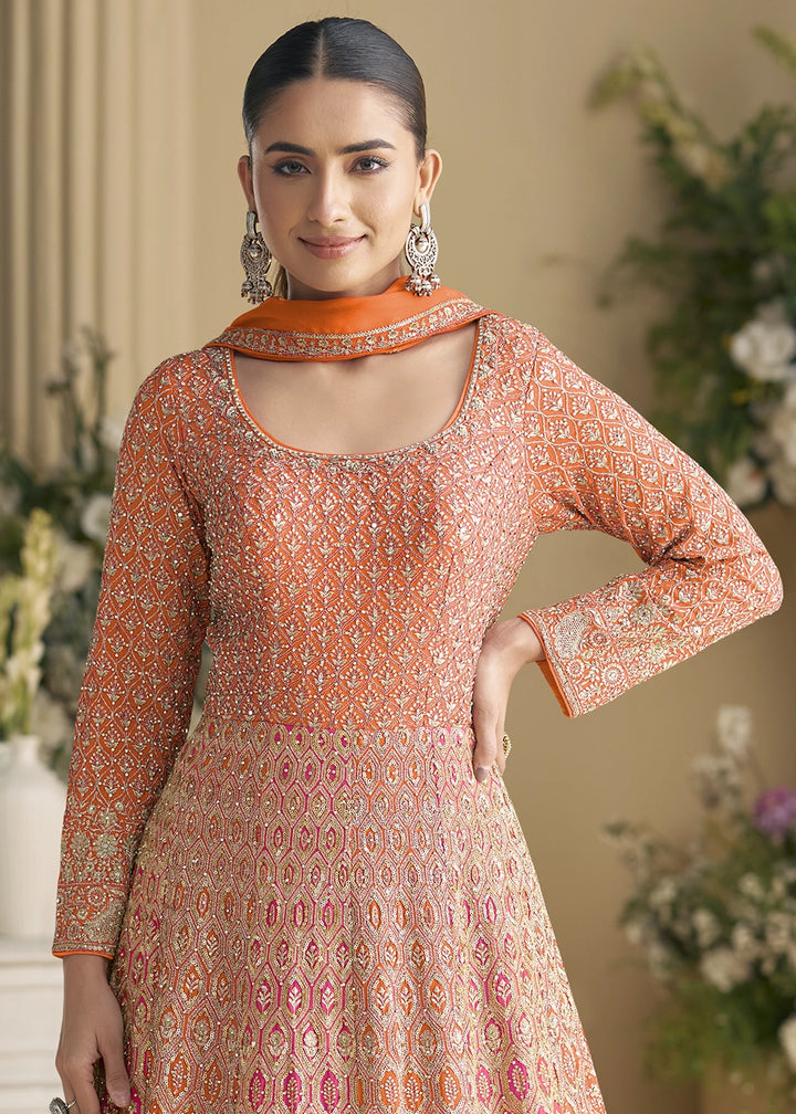 Orange & Pink Georgette Swarovski Embellished Anarkali Gown