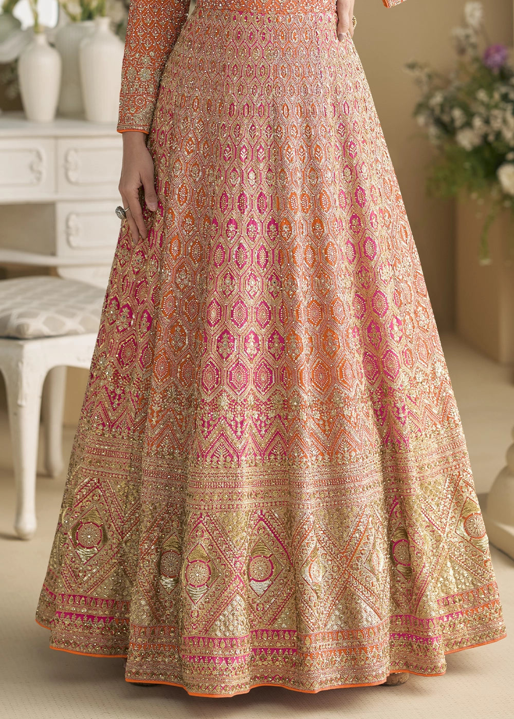 Orange & Pink Georgette Swarovski Embellished Anarkali Gown
