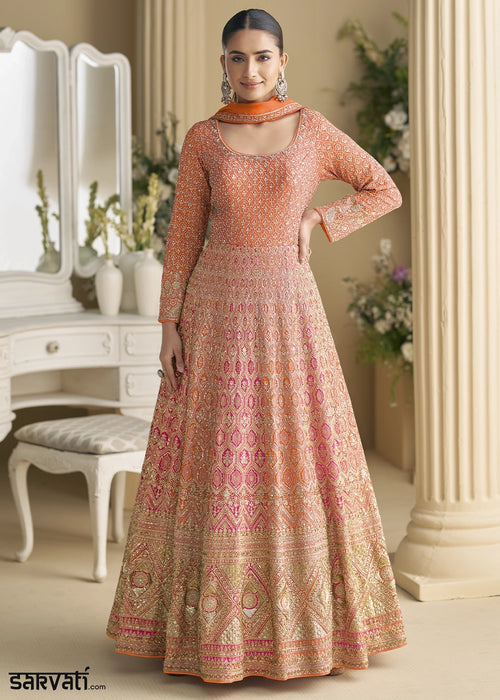 Orange & Pink Georgette Swarovski Embellished Anarkali Gown