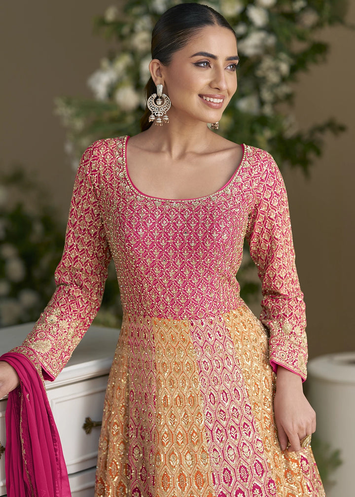 Pink & Yellow Georgette Swarovski Embellished Anarkali Gown