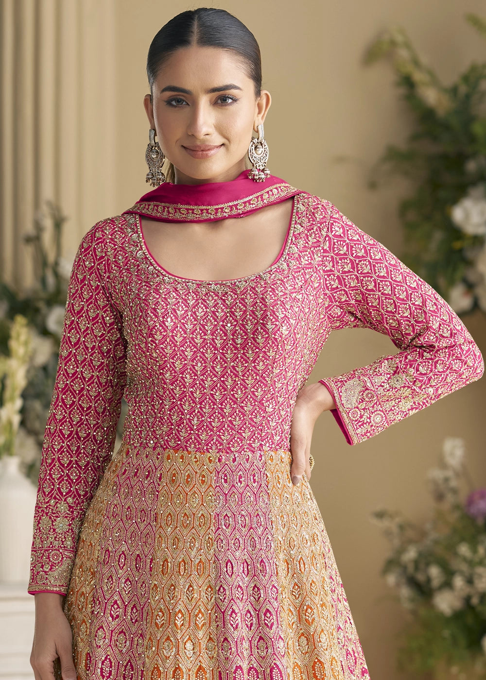 Pink & Yellow Georgette Swarovski Embellished Anarkali Gown