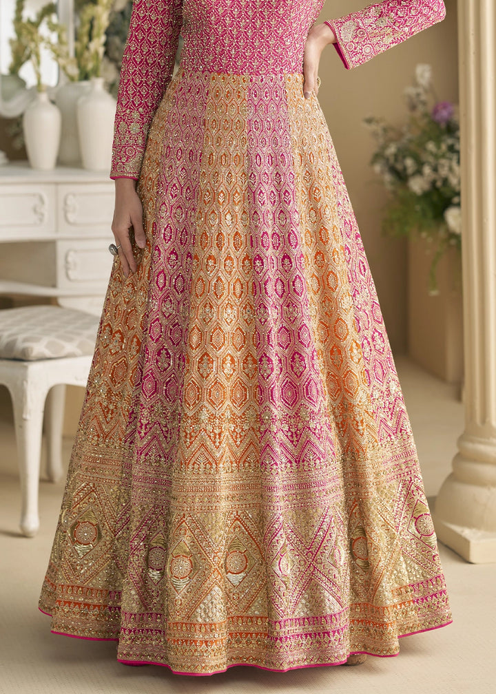 Pink & Yellow Georgette Swarovski Embellished Anarkali Gown