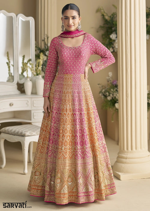 Pink & Yellow Georgette Swarovski Embellished Anarkali Gown