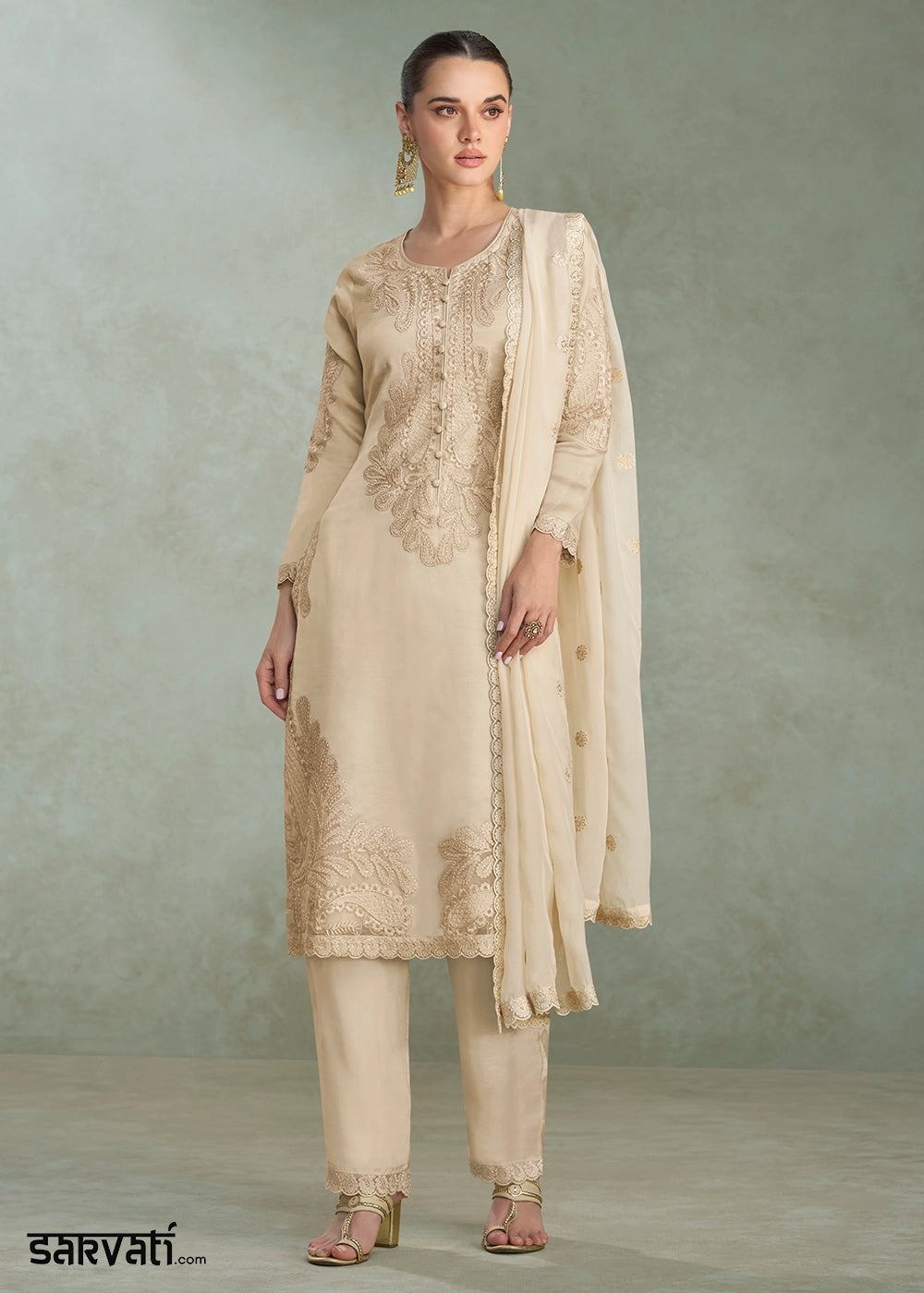 Tan Brown Premium Chinon Silk Pant Suit Set with Elegant Embroidery