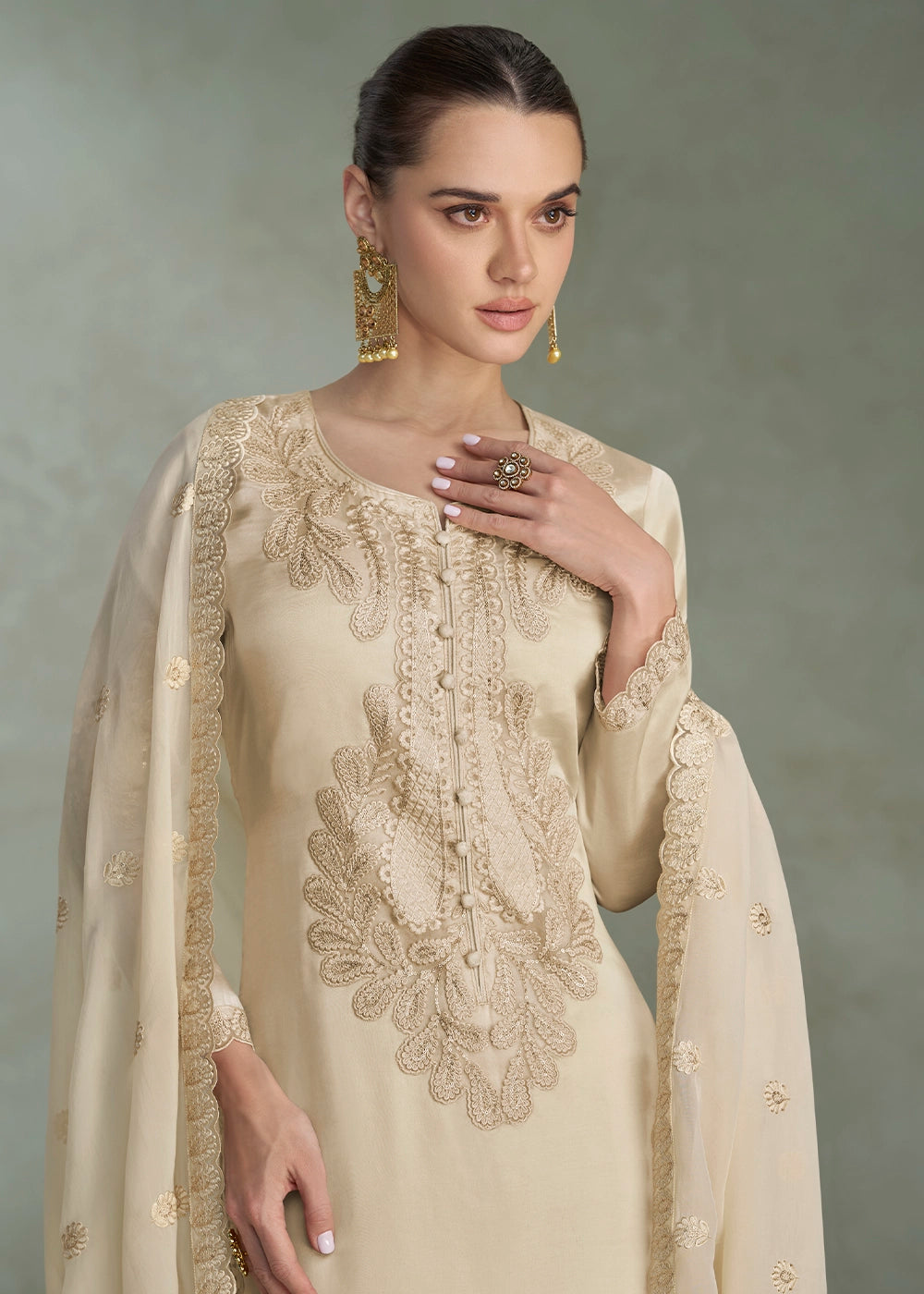 Tan Brown Premium Chinon Silk Pant Suit Set with Elegant Embroidery