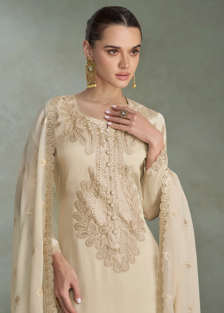 Tan Brown Premium Chinon Silk Pant Suit Set with Elegant Embroidery