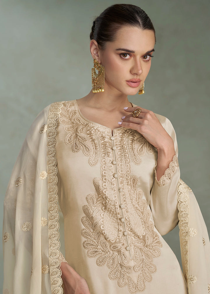 Tan Brown Premium Chinon Silk Pant Suit Set with Elegant Embroidery