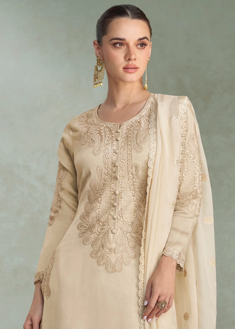 Tan Brown Premium Chinon Silk Pant Suit Set with Elegant Embroidery