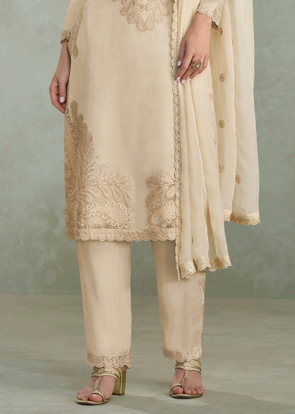 Tan Brown Premium Chinon Silk Pant Suit Set with Elegant Embroidery