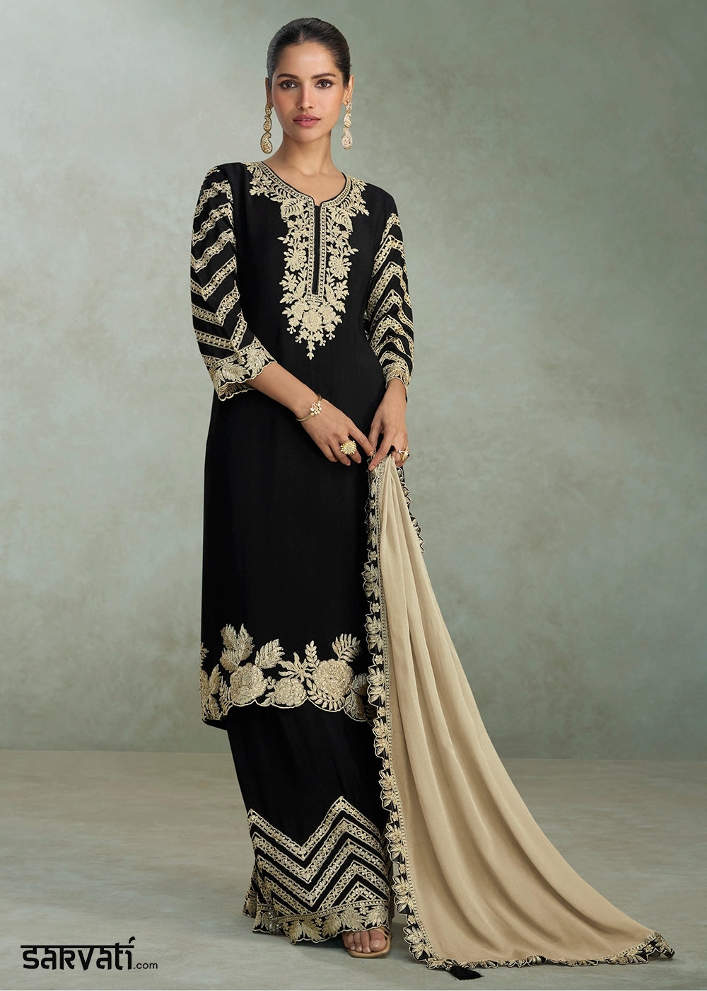 Onxy Black Premium Chinon Silk Palazzo Suit with Rich Embroidery