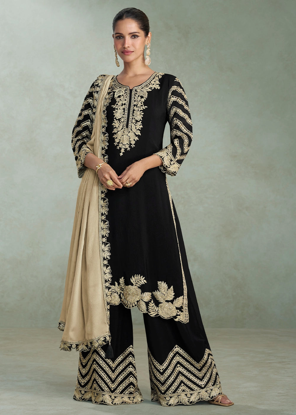 Onxy Black Premium Chinon Silk Palazzo Suit with Rich Embroidery