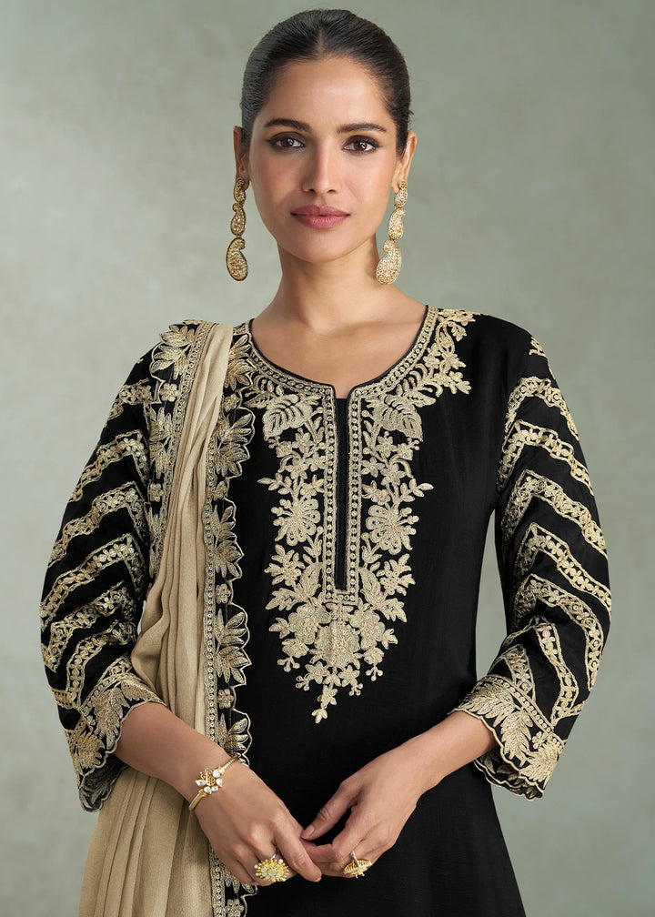 Onxy Black Premium Chinon Silk Palazzo Suit with Rich Embroidery