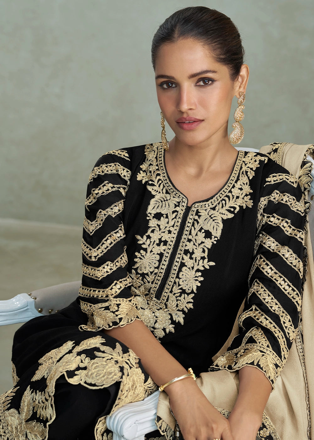Onxy Black Premium Chinon Silk Palazzo Suit with Rich Embroidery