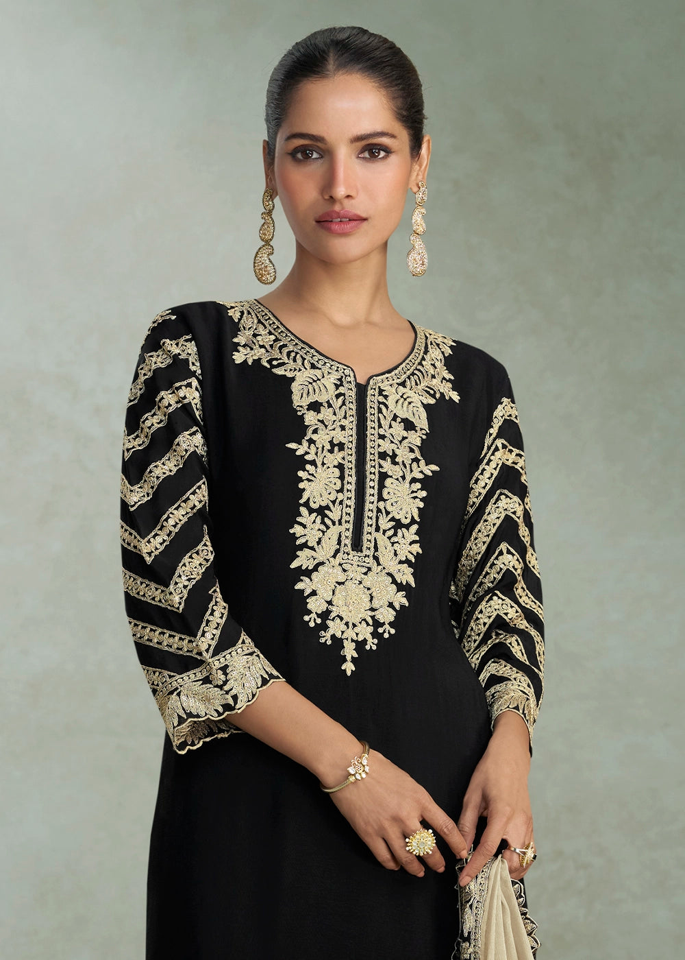 Onxy Black Premium Chinon Silk Palazzo Suit with Rich Embroidery