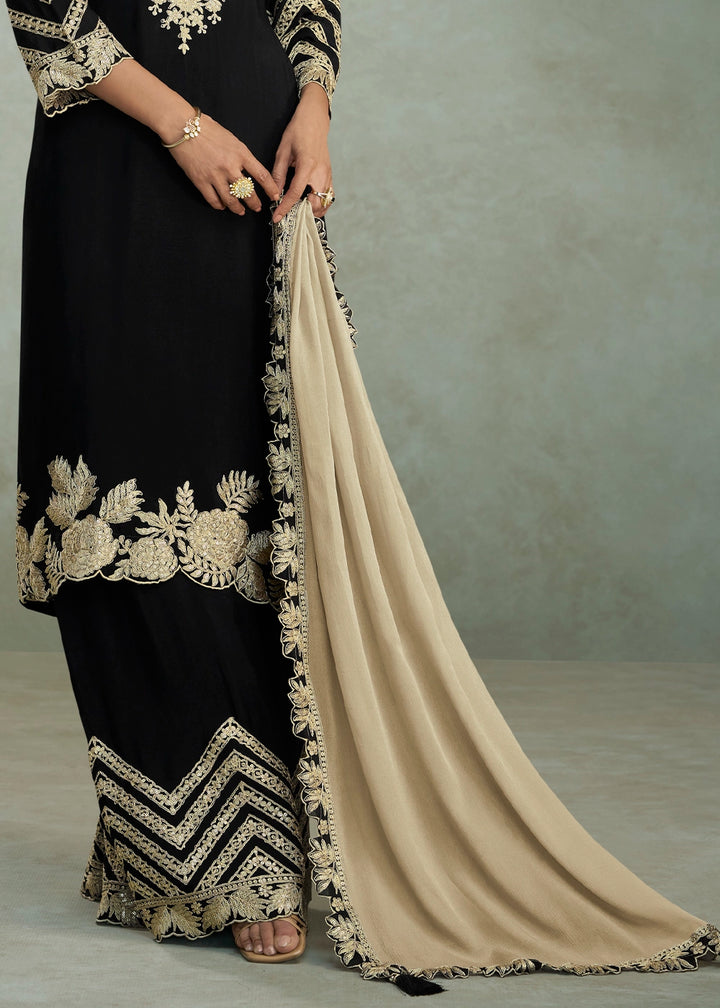 Onxy Black Premium Chinon Silk Palazzo Suit with Rich Embroidery