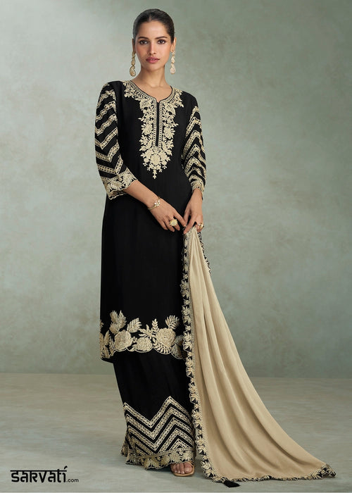 Onxy Black Premium Chinon Silk Palazzo Suit with Rich Embroidery