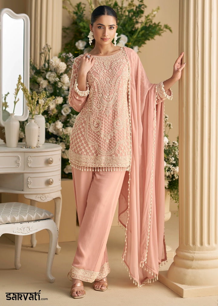 Creamy Pink Georgette Palazzo Suit with Handcrafted Bead and Thread Embroidery