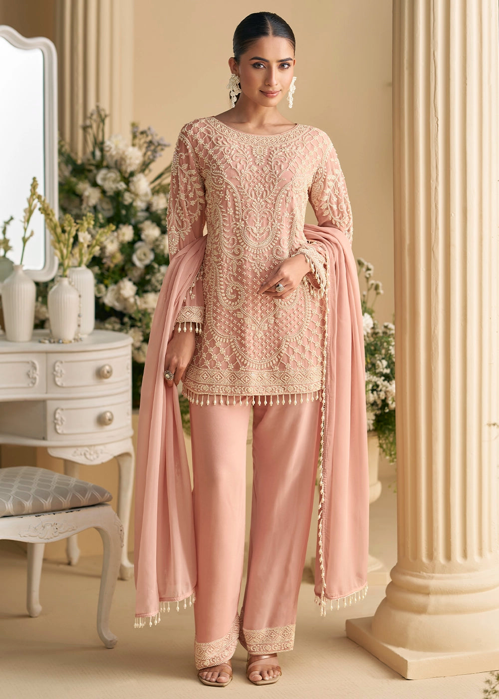 Creamy Pink Georgette Palazzo Suit with Handcrafted Bead and Thread Embroidery