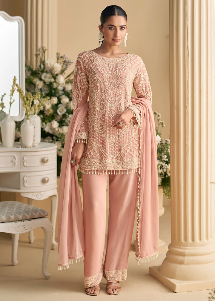 Creamy Pink Georgette Palazzo Suit with Handcrafted Bead and Thread Embroidery