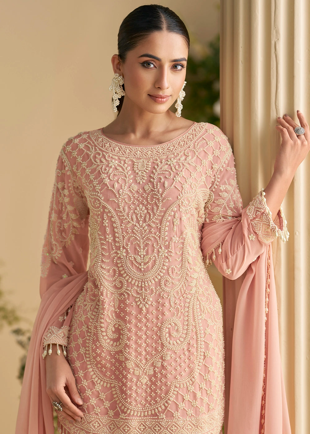 Creamy Pink Georgette Palazzo Suit with Handcrafted Bead and Thread Embroidery