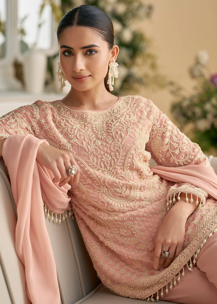 Creamy Pink Georgette Palazzo Suit with Handcrafted Bead and Thread Embroidery