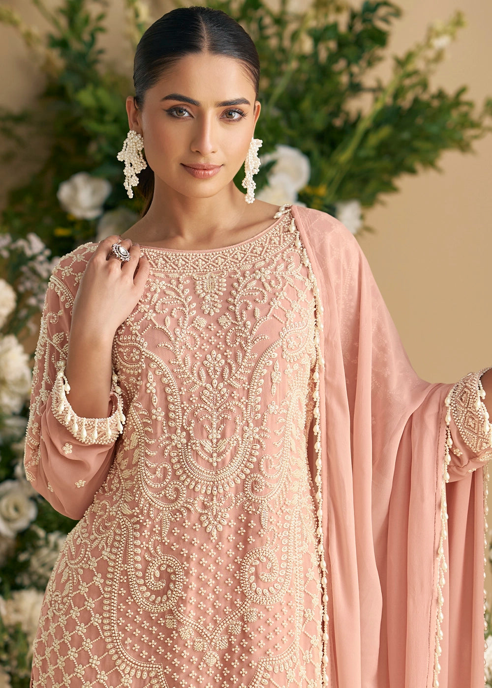 Creamy Pink Georgette Palazzo Suit with Handcrafted Bead and Thread Embroidery