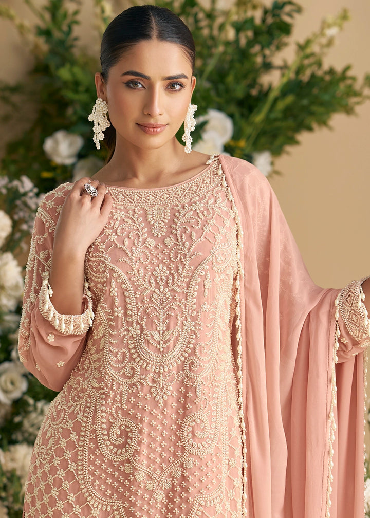 Creamy Pink Georgette Palazzo Suit with Handcrafted Bead and Thread Embroidery