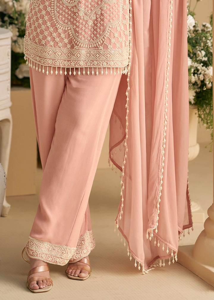Creamy Pink Georgette Palazzo Suit with Handcrafted Bead and Thread Embroidery