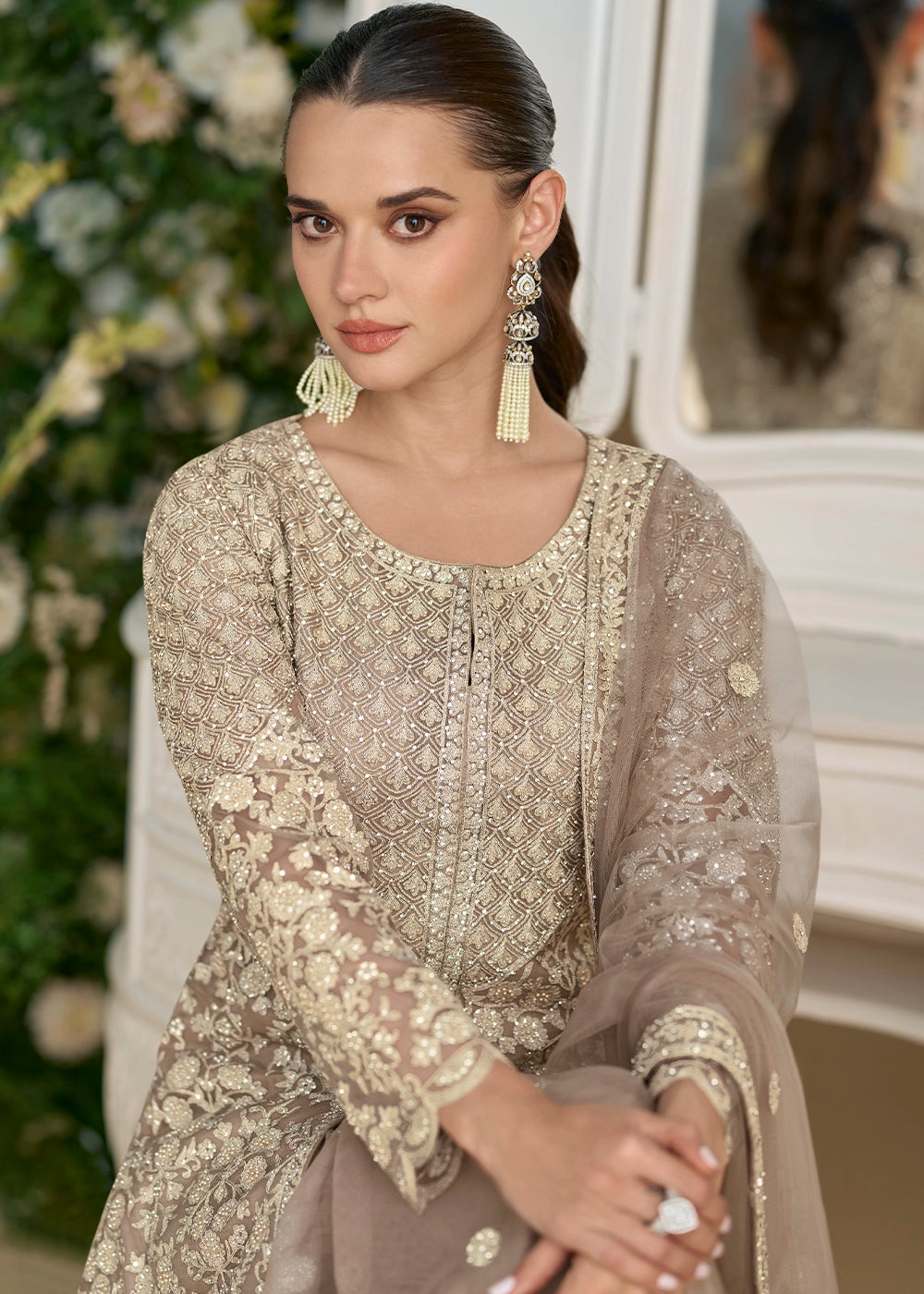 Greyish Brown Net Palazzo Suit with Handcrafted Bead and Thread Embroidery