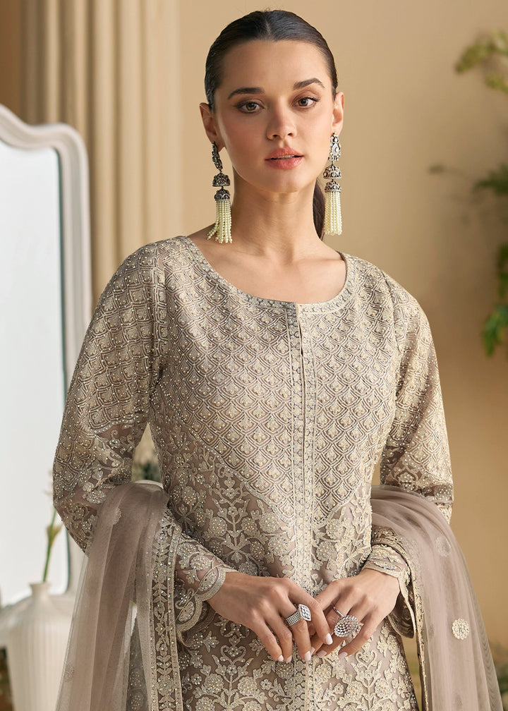 Greyish Brown Net Palazzo Suit with Handcrafted Bead and Thread Embroidery