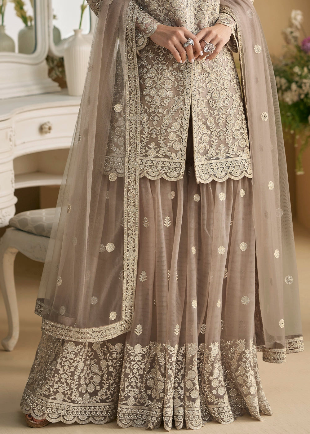 Greyish Brown Net Palazzo Suit with Handcrafted Bead and Thread Embroidery