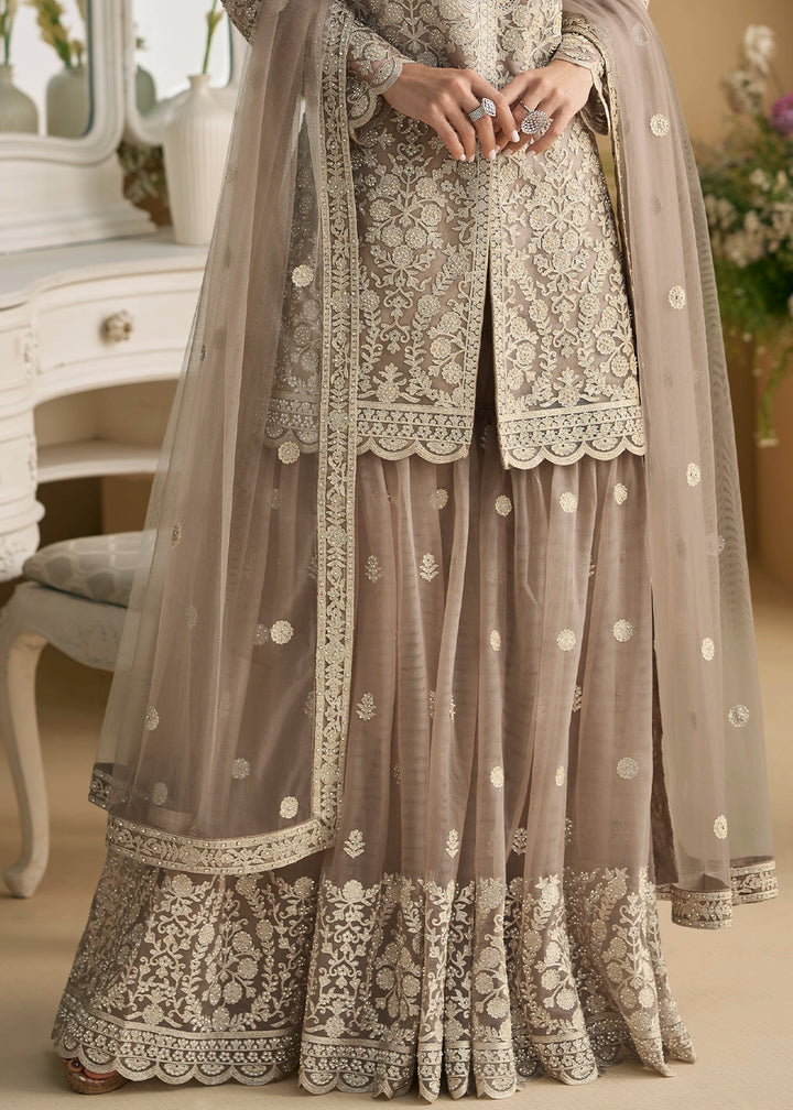 Greyish Brown Net Palazzo Suit with Handcrafted Bead and Thread Embroidery