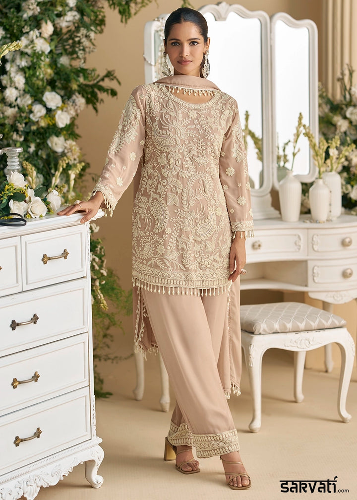 Lace Pink Georgette Palazzo Suit with Handcrafted Bead and Thread Embroidery