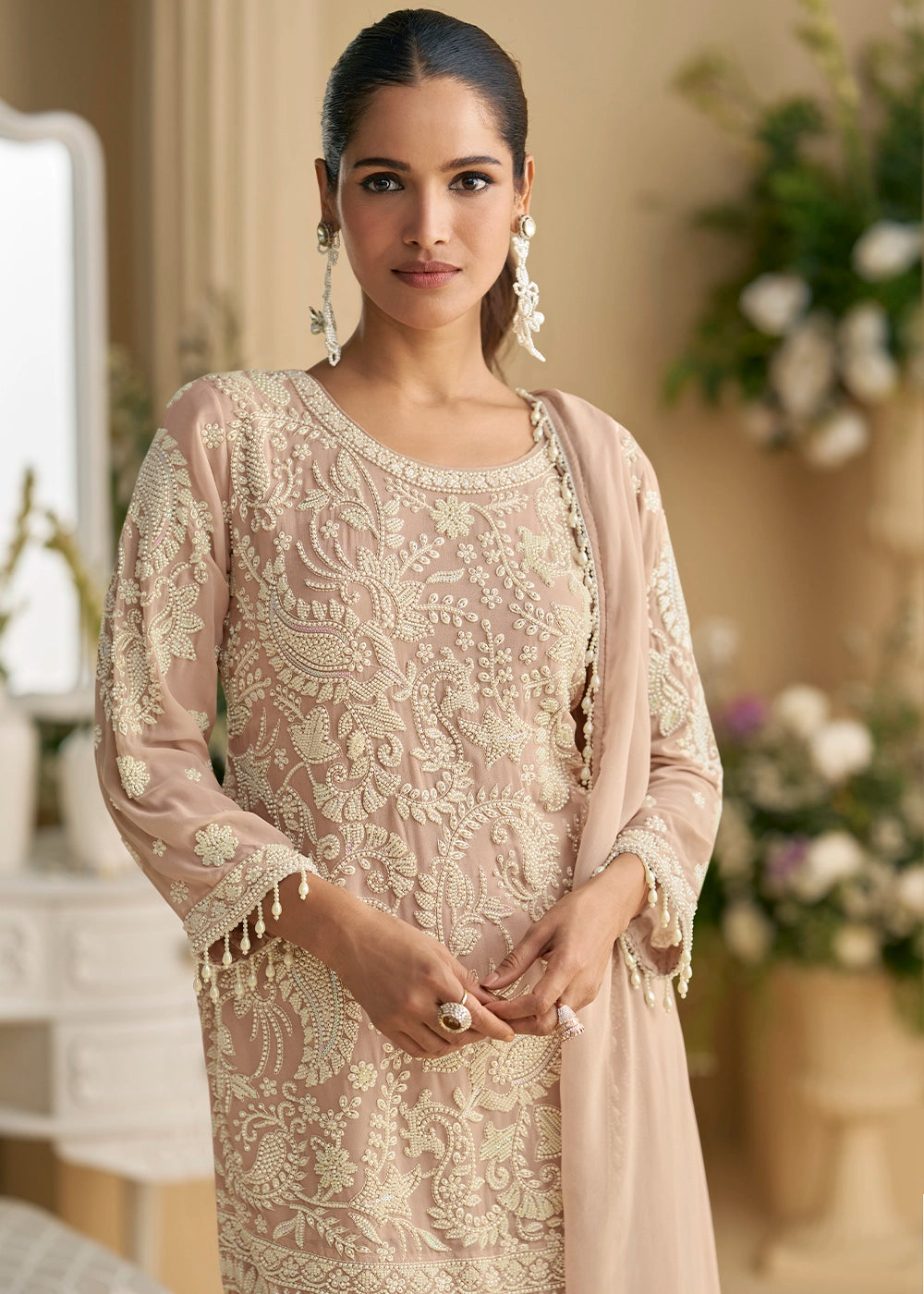 Lace Pink Georgette Palazzo Suit with Handcrafted Bead and Thread Embroidery