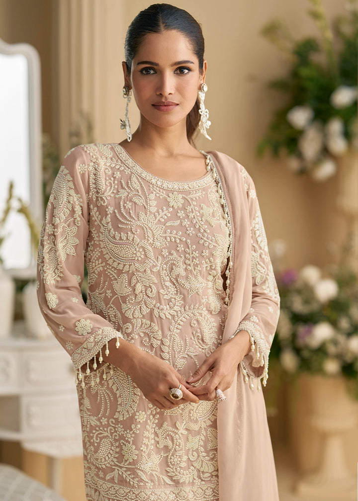 Lace Pink Georgette Palazzo Suit with Handcrafted Bead and Thread Embroidery