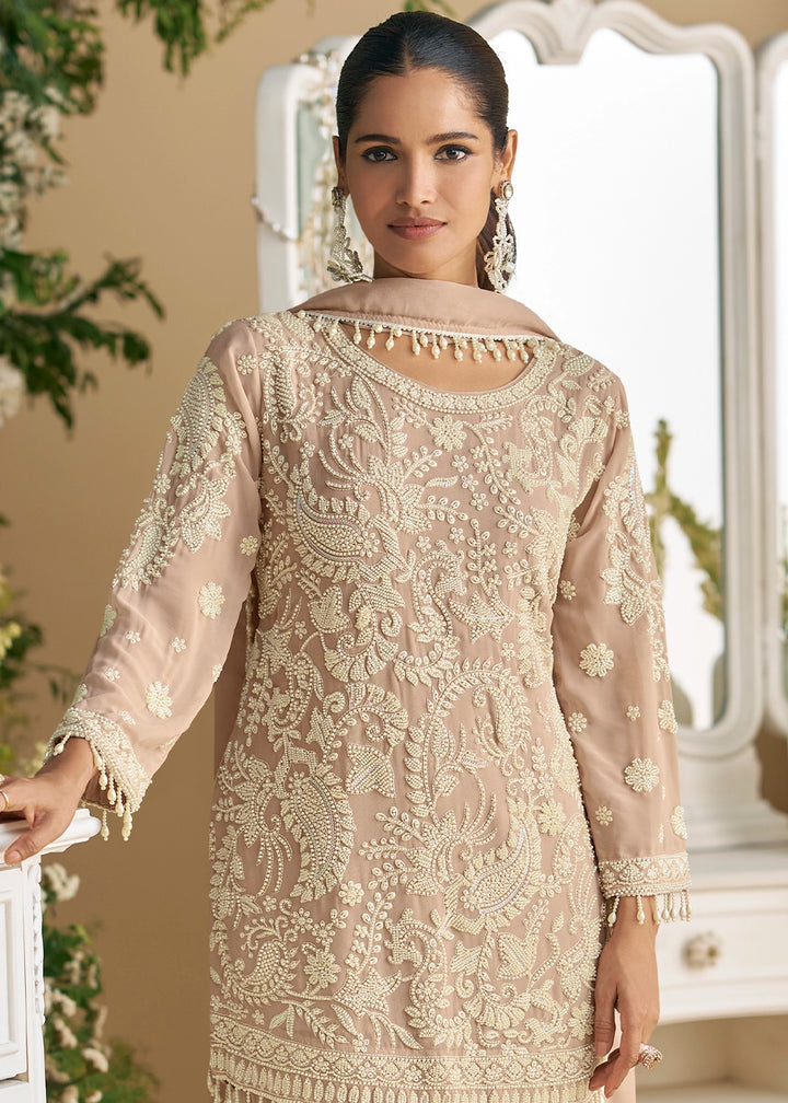 Lace Pink Georgette Palazzo Suit with Handcrafted Bead and Thread Embroidery