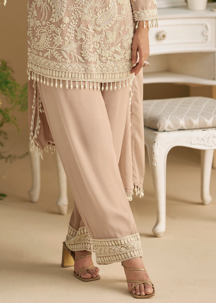 Lace Pink Georgette Palazzo Suit with Handcrafted Bead and Thread Embroidery