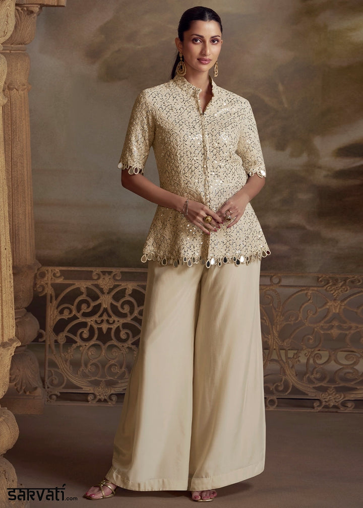 Cream White Georgette Palazzo Set with Mirror Stone Embroidery