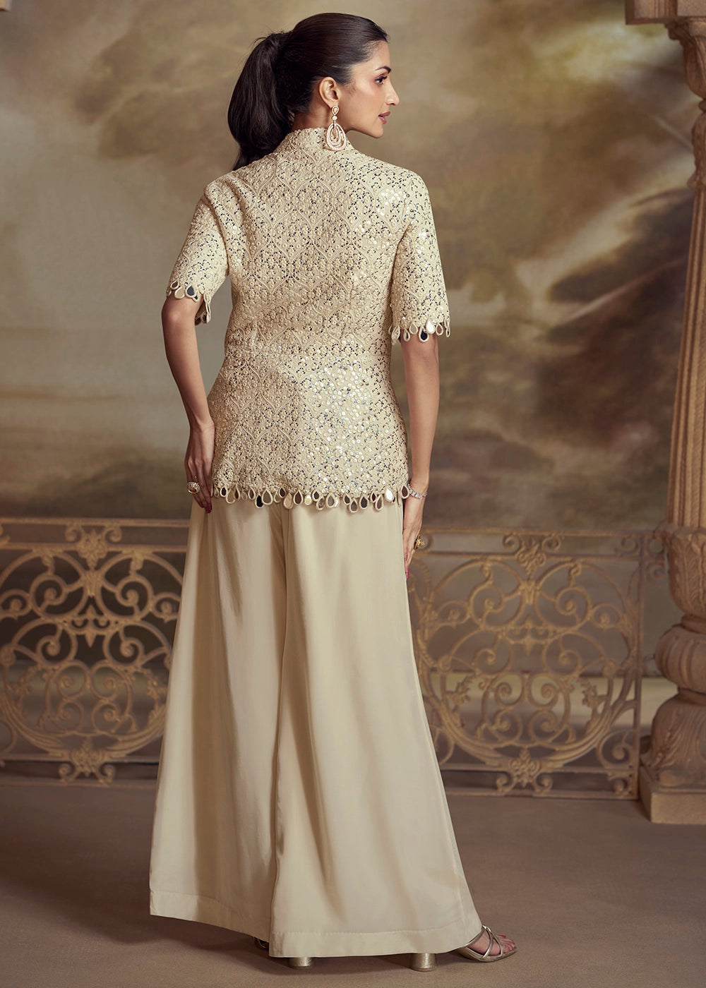 Cream White Georgette Palazzo Set with Mirror Stone Embroidery
