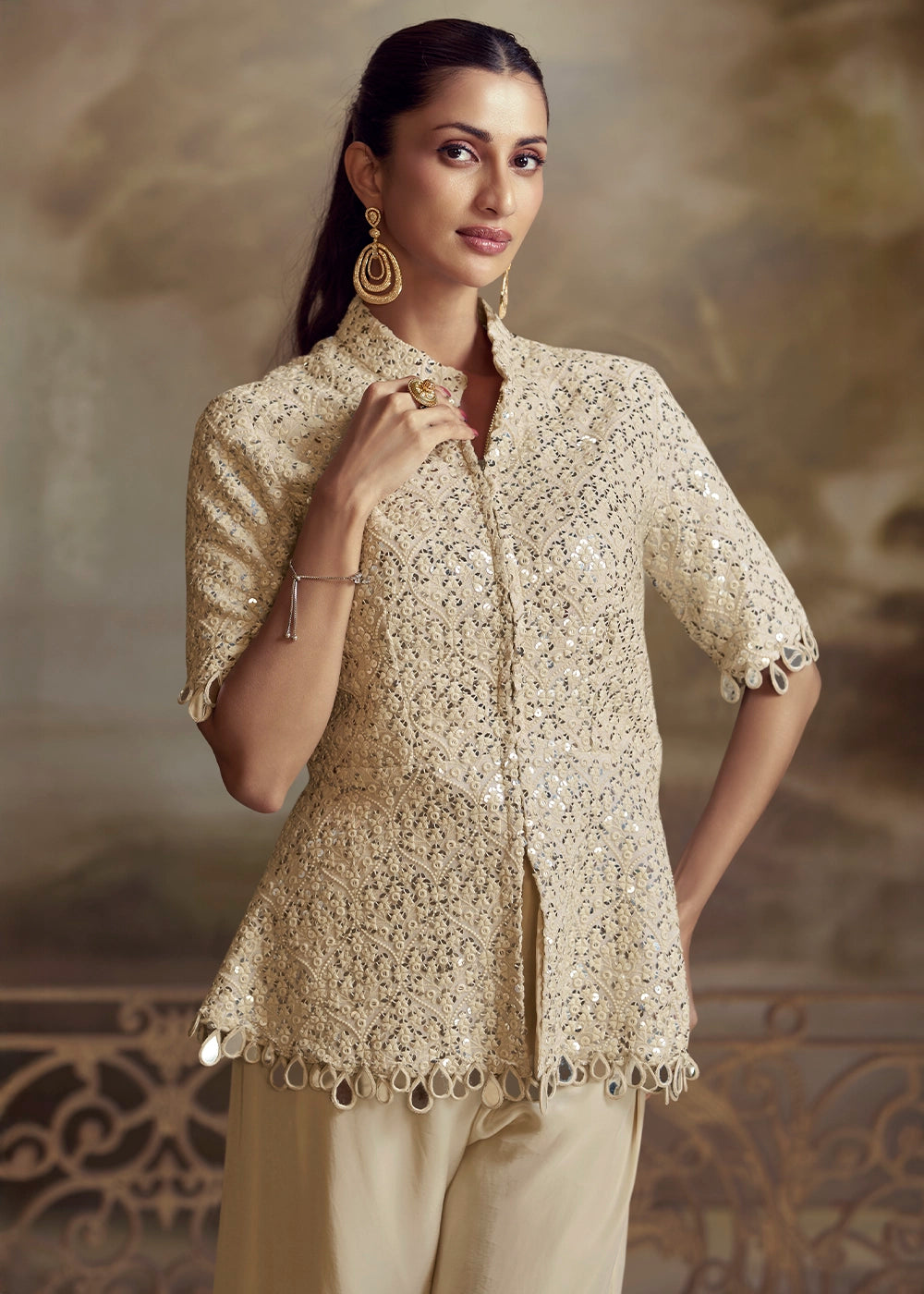Cream White Georgette Palazzo Set with Mirror Stone Embroidery