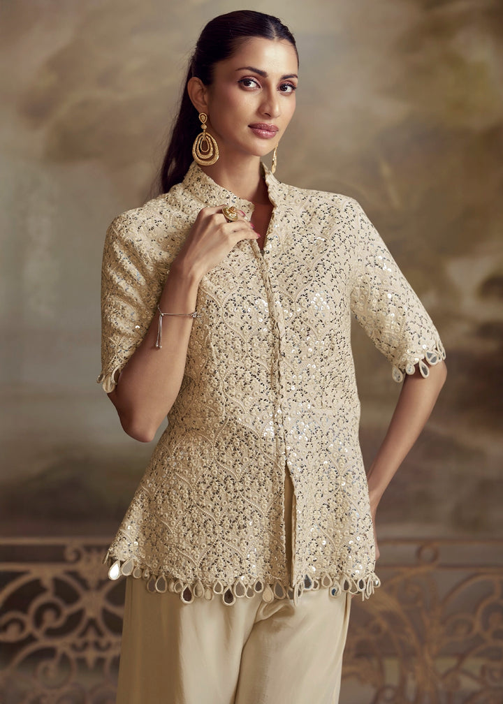 Cream White Georgette Palazzo Set with Mirror Stone Embroidery