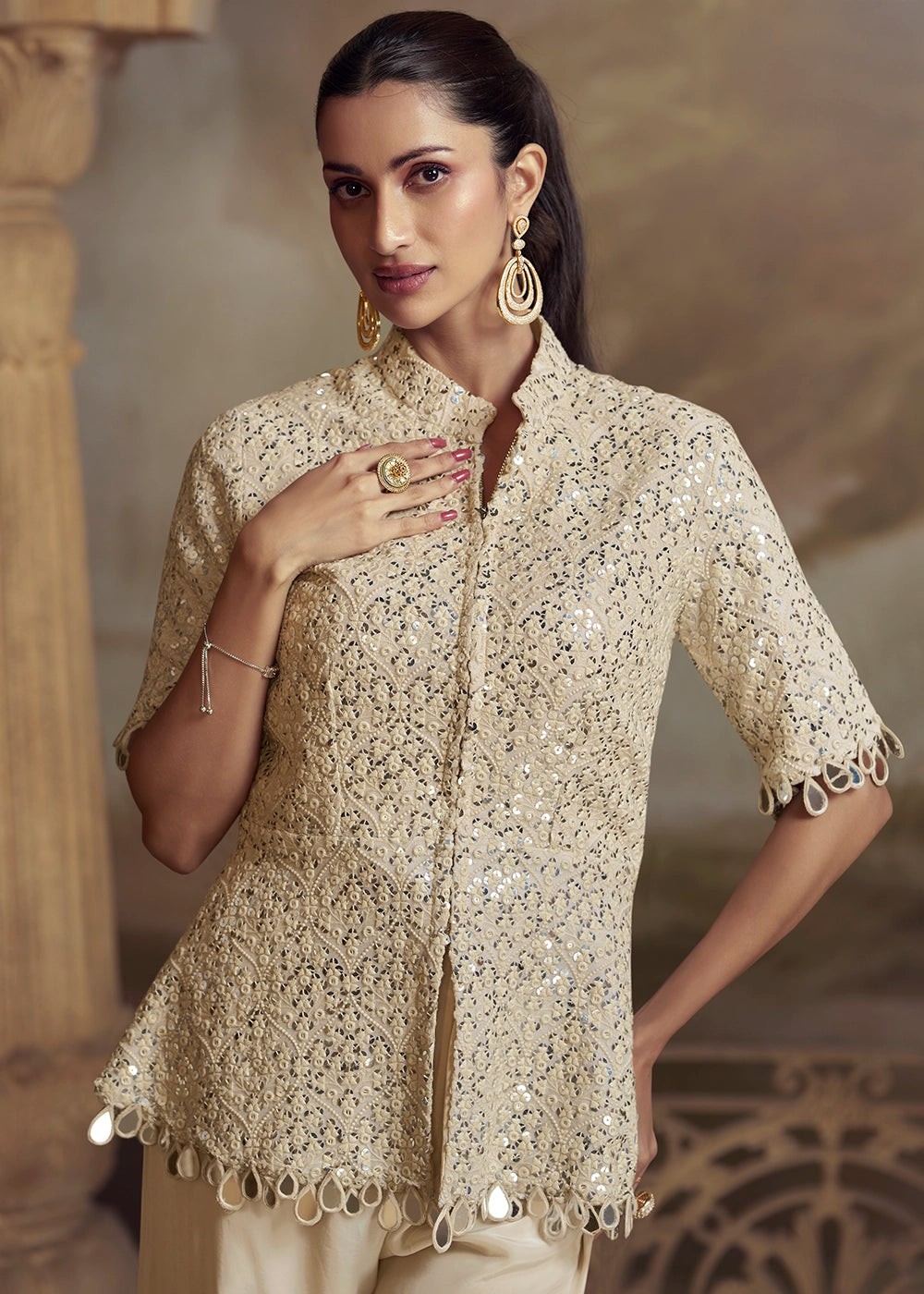 Cream White Georgette Palazzo Set with Mirror Stone Embroidery