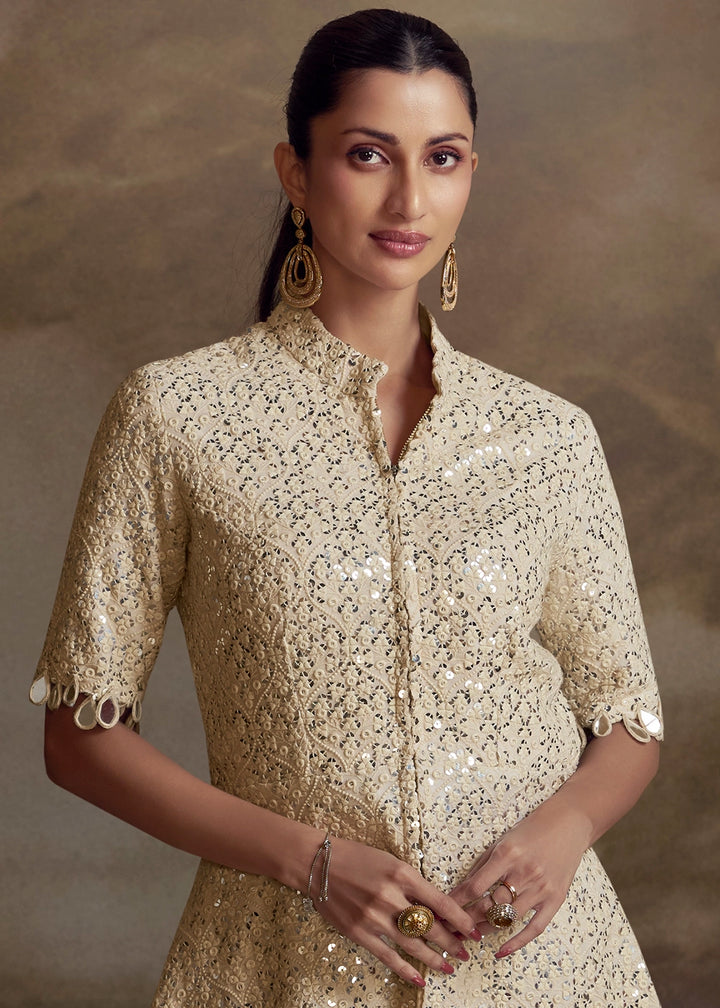 Cream White Georgette Palazzo Set with Mirror Stone Embroidery