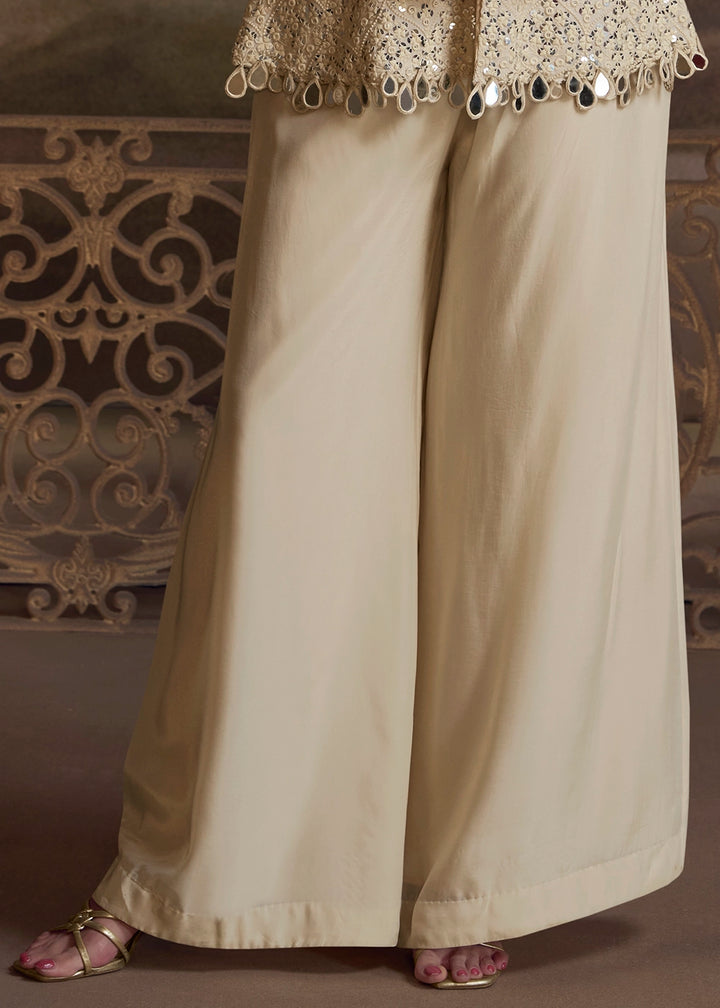 Cream White Georgette Palazzo Set with Mirror Stone Embroidery